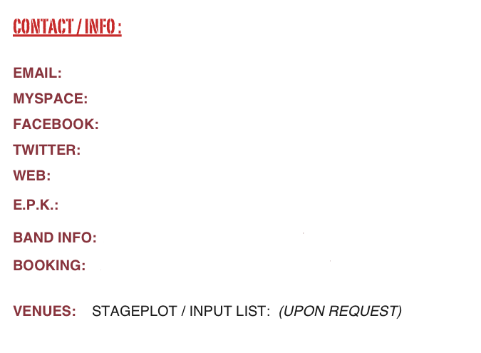 CONTACT / INFO :

EMAIL:    lifenlimb@gmail.com
Myspace:  www.myspace.com/lifenlimb
facebook:  www.facebook.com/lifenlimb
twitter:  www.twitter.com/lifenlimb
web:   www.reverbnation.com/lifenlimb
E.P.K.:  www.sonicbids.com/lifenlimb
BAND info:  info@lifenlimbmusic.com    
BOOKING:    booking@lifenlimbmusic.com                           
                   
venues:    stageplot / input list:  (Upon REquest)
